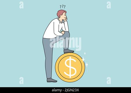 Frustrated man near huge coin thinking of financial problems. Confused male make decision plan about money and investment. Finances and expenses. Vector illustration.  Stock Vector