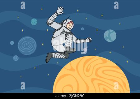 Astronaut walking in open universe. Cosmonaut in spacesuit among planets in cosmos. Spacewalking concept. Vector illustration.  Stock Vector