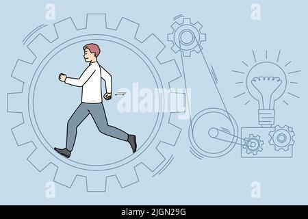 Businessman running in cogwheel generating creative business ideas. Man walk hurry in gear producing project startup or innovation. Motivation and hard work. Vector illustration.  Stock Vector