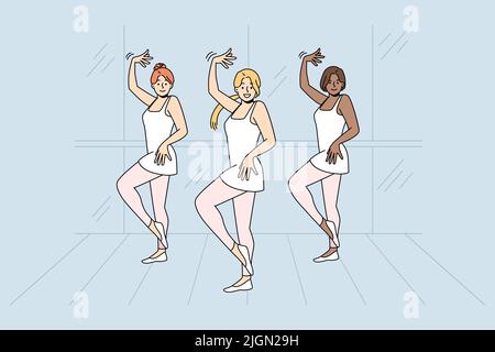 Girls in ballet dresses rehearse together indoors. Diverse ballerinas dancing performing on stage. Hobby concept. Vector illustration.  Stock Vector