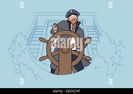 Smiling captain standing at ship wheel during sea storm. Happy skipper at boat helm at ocean waves. Seatime and marine life. Vector illustration.  Stock Vector