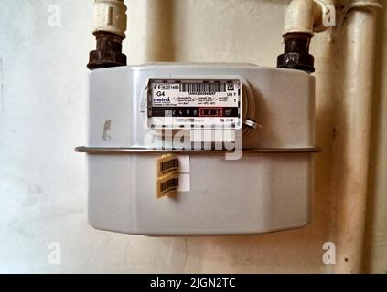 Berlin, Germany, June 20, 2022: Meter for gas consumption in an apartment in Berlin