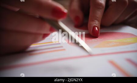 Female hand pointing on colourful diagrams in annual report. Stock Photo