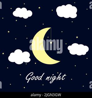 Good night vector illustration. Moon and stars in the night sky with clouds Stock Vector