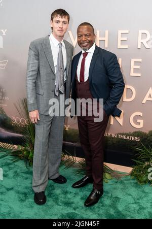 New York, NY - July 11, 2022: Harris Dickinson and Sterling Macer Jr. attend premiere of the movie 'Where The Crawdads Sing' at Museum of Modern Art Stock Photo
