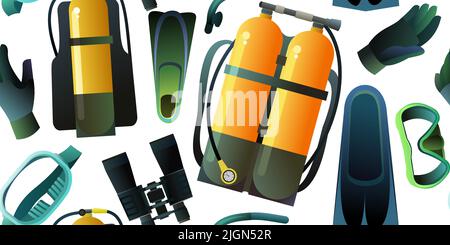 Diving kit with oxygen tank in mask and fins. Set of equipment for swimming and diving. Seamless pattern. Object isolated on white background. Vector Stock Vector