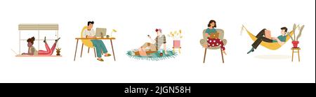 People using laptop, mobile phone and computer on sill, carpet, hammock and chair. Vector flat illustration with characters work with gadgets in home office Stock Vector