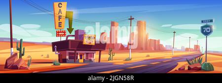 Cafe building on road in desert. Vector cartoon illustration of sand wasteland landscape with mountains, cactuses, highway and american diner with hot dog on sign Stock Vector