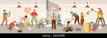 Renovation workers repair home interior. Handyman service, team of builder, painter, plumber, tiler or carpenter doing apartment improvement or restoration works, Line art flat vector illustration Stock Vector
