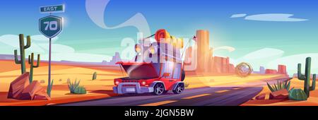 Broken car on road in desert landscape. Vector cartoon illustration of accident, breakdown in trip. Desert with red mountains, highway and auto with luggage on roof and smoke from open hood Stock Vector