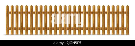 Wooden fence, palisade, stockade or balustrade with pickets. Brown banister or fencing sections with paling. Wood garden border balusters isolated elements, Realistic 3d vector illustration Stock Vector