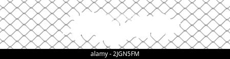 Broken wire fence, rabitz or chain link. Vector background of ripped metal mesh, steel grid or net with hole and wire cuts in center, damaged safety border, freedom concept, Realistic 3d illustration Stock Vector