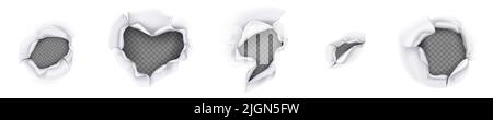 Holes in paper, pages with torn curve edges and gaps. Ripped white sheet, ragged teared and curled parts and peeling elements isolated on transparent background, Realistic 3d vector illustration, set Stock Vector