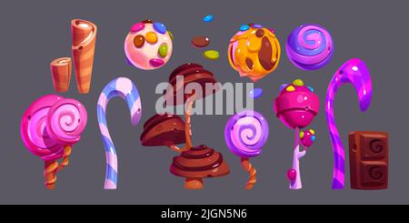 Fantasy sweets, candies, chocolate and waffle tubes for game ui design. Vector cartoon set of fantastic trees with cake pops, caramel and candy canes isolated on background Stock Vector