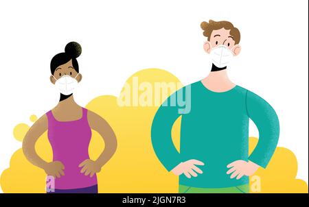 Young man and woman full-face, wearing protective white masks FFP2 or KN95, with hands on hips. Isolated characters. Stock Vector