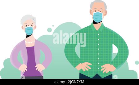 Couple of senior man and senior woman front view flat vector portrait, with hands on hips, and wearing protective blue surgical masks. Stock Vector