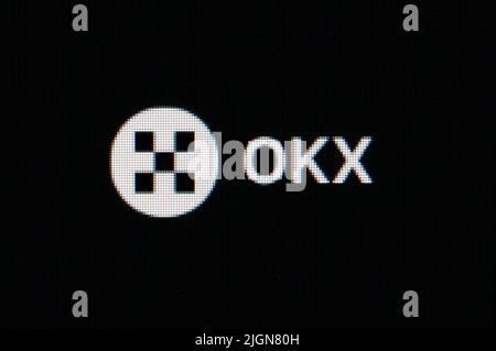 Rottweil, Germany. 11th July, 2022. The logo of the OKX crypto exchange can be seen on the screen of a computer in an office. Credit: Silas Stein/dpa/Alamy Live News Stock Photo