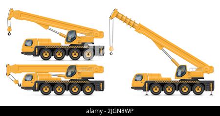 Crane truck vector illustration view from side isolated on white background. Construction vehicle mockup. Stock Vector