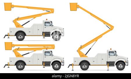 Bucket truck vector illustration isolated on white background. Cherry picker truck side view mockup. Stock Vector