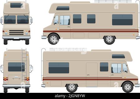 RV motorhome vector template with simple colors without gradients and effects. View from side, front, back Stock Vector
