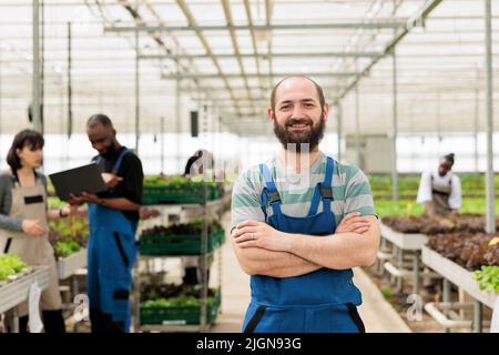 Portrait of farmer posing happy in organic crops and vegetables farm with engineers using laptop controlling hydroponic systems. Caucasian smiling man in greenhouse with salad crates for delivery. Stock Photo