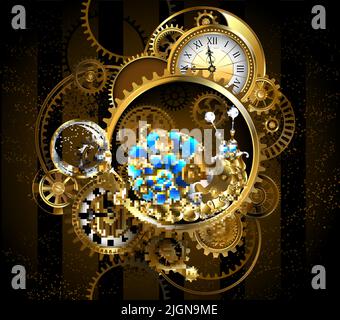 Clockwork made of antique dials, brass and gold gears, magnifying lens, slowed down by mechanical snail with blue glass shell. Steampunk style. Stock Vector