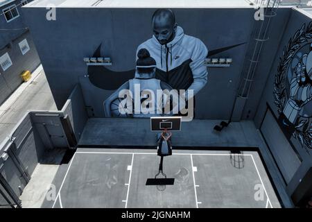 A general overall aerial view of the Nike East Los Community store basketball court and mural of Kobe Bryant and daughter Gianna Bryant, Wednesday, June 29, 2022, in Los Angeles.   (Photo by Image of Sport/Sipa USA)