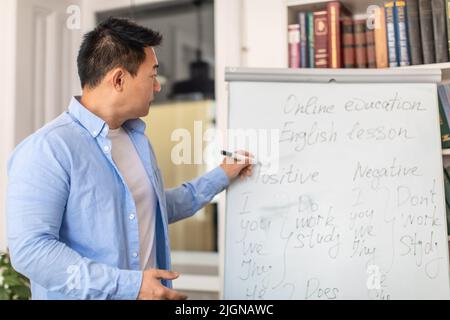 Asian Male Teacher Writing On Whiteboard During Class In Classroom Stock Photo