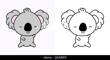 Cute Koala Clipart Illustration and Black and White. Funny Clip Art Koala. Vector Illustration of a Kawaii Animal for Coloring Pages, Stickers, Baby Stock Vector