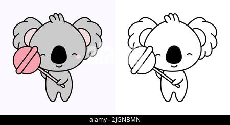 Kawaii Koala Clipart Multicolored and Black and White. Cute Kawaii Koala. Vector Illustration of a Kawaii Animal for Stickers, Prints for Clothes Stock Vector