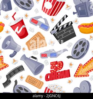 Movie elements pattern. Seamless print of film making and cinema theater symbols, camera bobbin ticket popcorn clapper megaphone icons. Vector texture Stock Vector