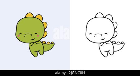 Kawaii Clipart Dinosaur Illustration and For Coloring Page. Funny Kawaii Dino. Vector Illustration of a Kawaii Animal for Stickers, Baby Shower Stock Vector