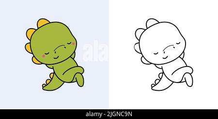 Set Clipart Dinosaur Multicolored and Black and White. Kawaii Clip Art Dino. Vector Illustration of a Kawaii Animal for Prints for Clothes, Stickers Stock Vector