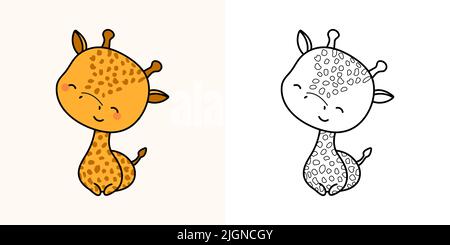 Cute Giraffe Clipart for Coloring Page and Illustration. Happy Clip Art Giraffe. Vector Illustration of a Kawaii Animal for Stickers, Prints for Stock Vector
