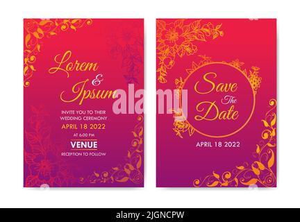 Elegant Wedding Invitation Card Template Celebration Ceremony Reception Set Floral Orange Leaf Decoration With Text Stock Vector