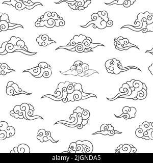Japanese cloud pattern. Seamless print of traditional oriental cloud festive decoration art. Vector Chinese Korean Thai curly doodle clouds texture Stock Vector