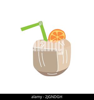 Coconut water drink. Shelled coconut cocktail icon isolated on white background. Tiki fruity exotic drink Stock Vector