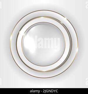 White and gold 3D circle button. Elegant circle 3D shape design with golden lines. White abstract geometric background. Vector illustration Stock Vector