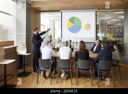 Manager shows his colleagues business presentation with data analysis on screen in modern office. Stock Photo