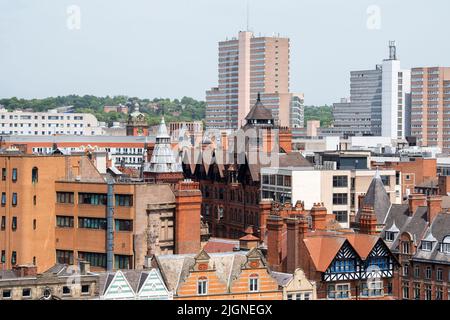 Aerial view of rooftops on King Street and beyond, from the rooftop of the Pearl Assurance Building in Nottingham City, Nottinghamshire England UK Stock Photo