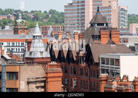 Aerial view of rooftops on King Street and beyond, from the rooftop of the Pearl Assurance Building in Nottingham City, Nottinghamshire England UK Stock Photo