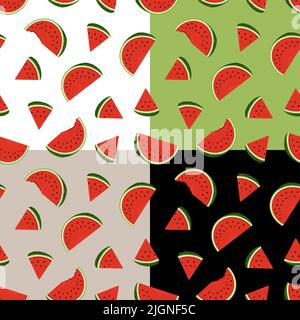 Set of seamless patterns with watermelon slice. Autumn harvest of watermelons. Ornament for decoration and printing on fabric. Design element. Vector Stock Vector