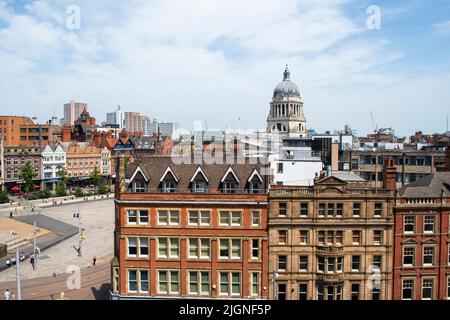 Aerial view of Market Square and buildings on Wheeler Gate from the roof of Pearl Assurance Building in Nottingham City, Nottinghamshire England UK Stock Photo