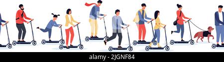People on scooter pattern. Seamless horizontal print with characters riding electric scooter, modern urban vehicle concept. Vector texture Stock Vector