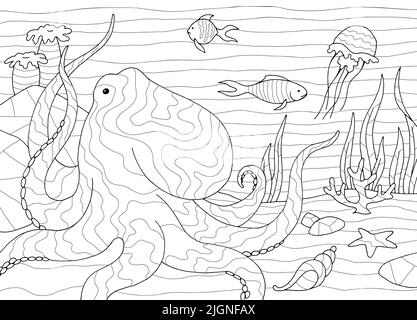 Octopus coloring underwater graphic sea black white sketch illustration vector Stock Vector