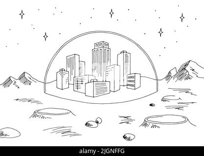City on alien planet graphic black white space landscape sketch illustration vector Stock Vector
