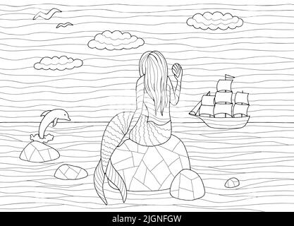 Mermaid coloring graphic black white sea landscape sketch illustration vector Stock Vector