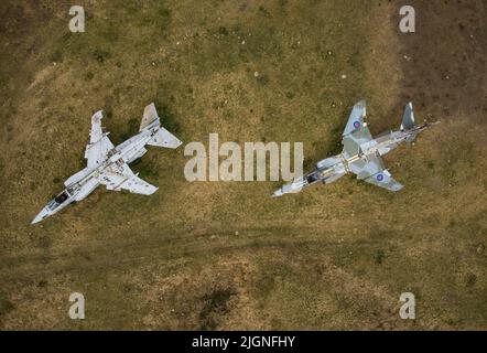 2 Sepecat Jaguar GR1 jets used as range targets, Pembrey Sands, Wales, UK Stock Photo