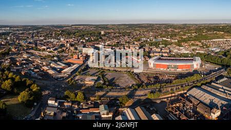 Aerial  view of Rotherham cityscape in South Yorkshire with The New York Football Stadium hosting the Women's European football championship Euro 2022 Stock Photo