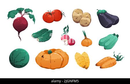 Vegetables collection. Fresh farm food highly detailed cartoon game asset of tomatoes potato pumpkin corn carrot onion cucumber. Vector organic Stock Vector